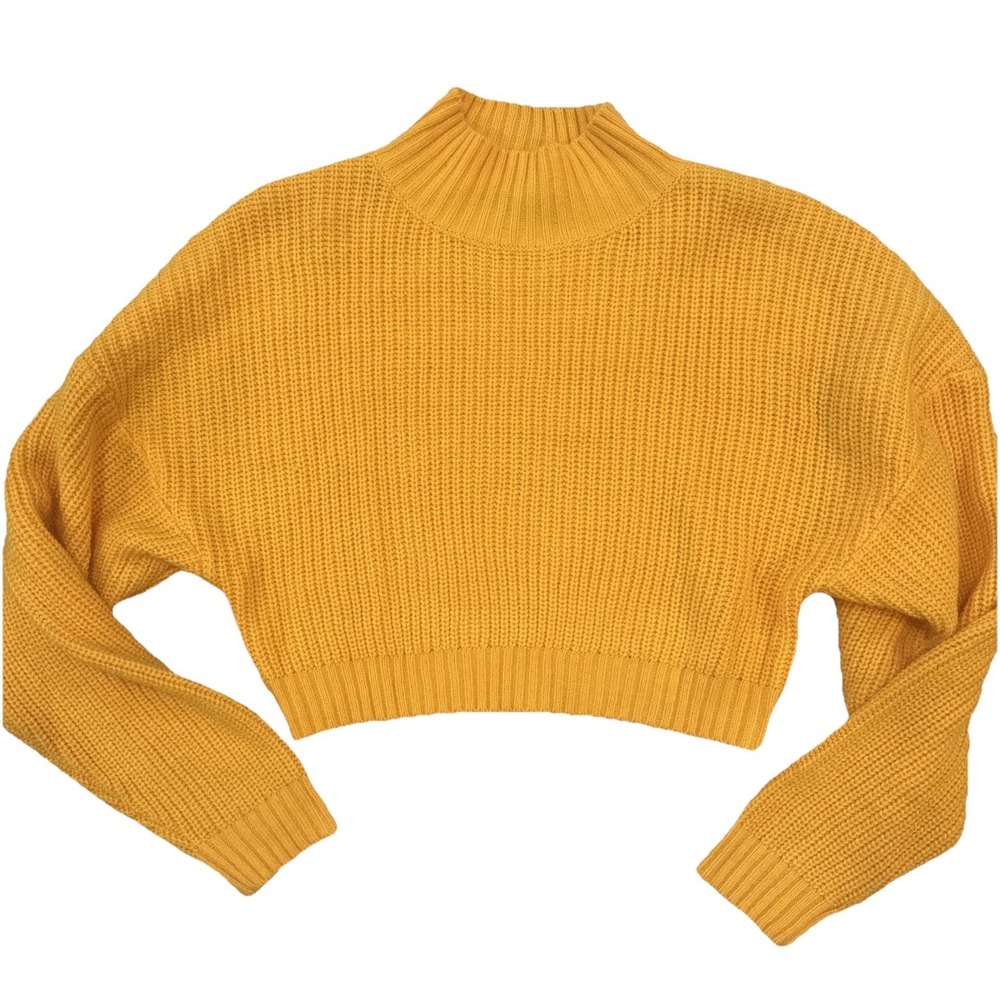 ZAFULYellow Cropped Mock Turtleneck Sweater Size Small S Long Sleeve Chunky Knit